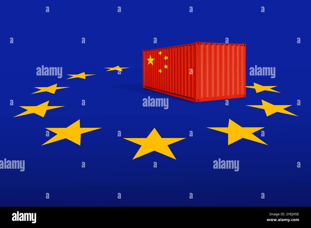 Conteneur avec drapeau de la Chine sur un drapeau de l'Union européenne. Guerre commerciale entre la Chine et l'Union européenne. Dutys de l'UE pour la Chine Banque D'Images