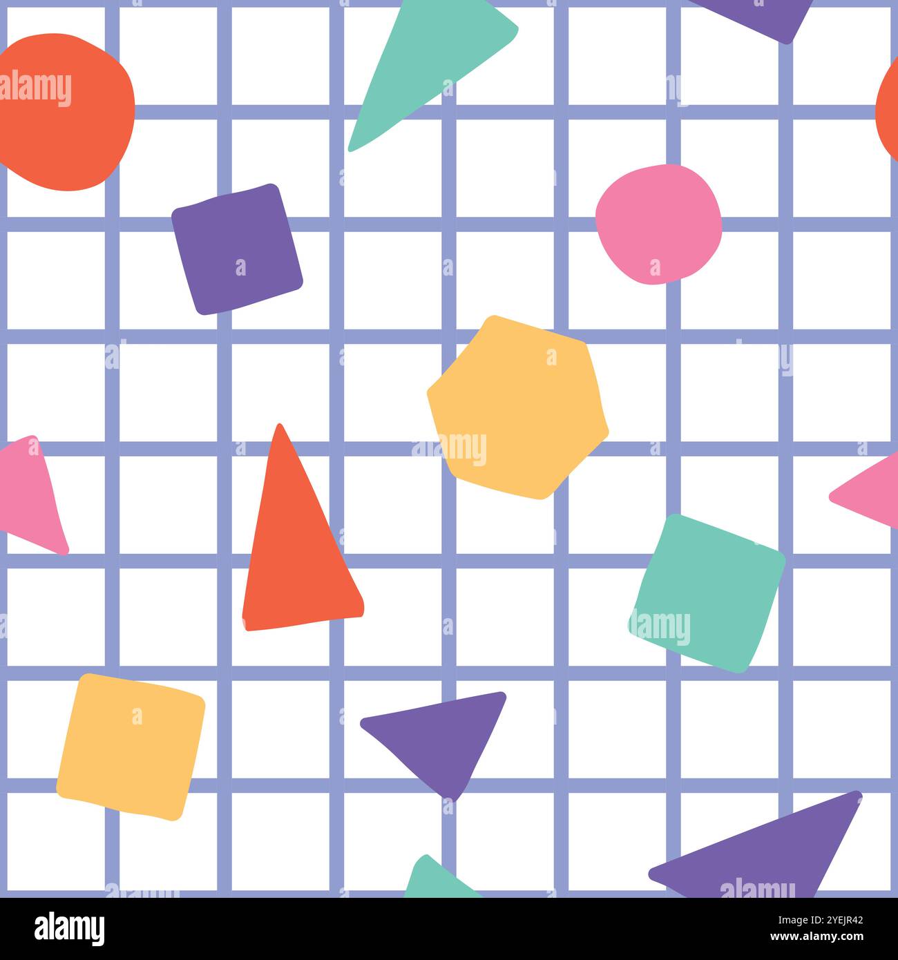 Motif sans couture d'aspect rétro avec maille violette et différentes formes géométriques dessus. Illustration de Vecteur