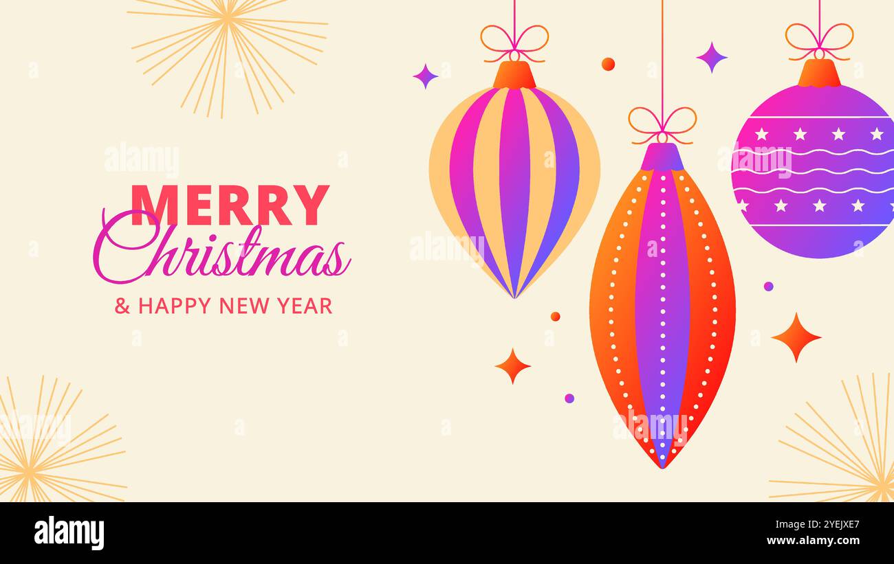 Boules de Noël et ornements avec des couleurs dégradées suspendues sur un fond beige. Bannière de vacances. Illustration vectorielle Illustration de Vecteur