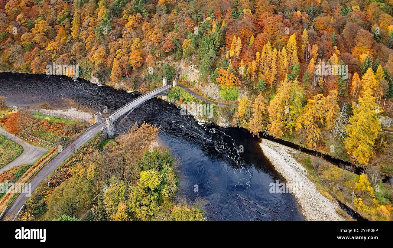 Craigellachie Moray Écosse le mélèze de bouleau et les hêtres aux couleurs automnales vibrantes et le pont Thomas Telford enjambant la sombre rivière Spey Banque D'Images