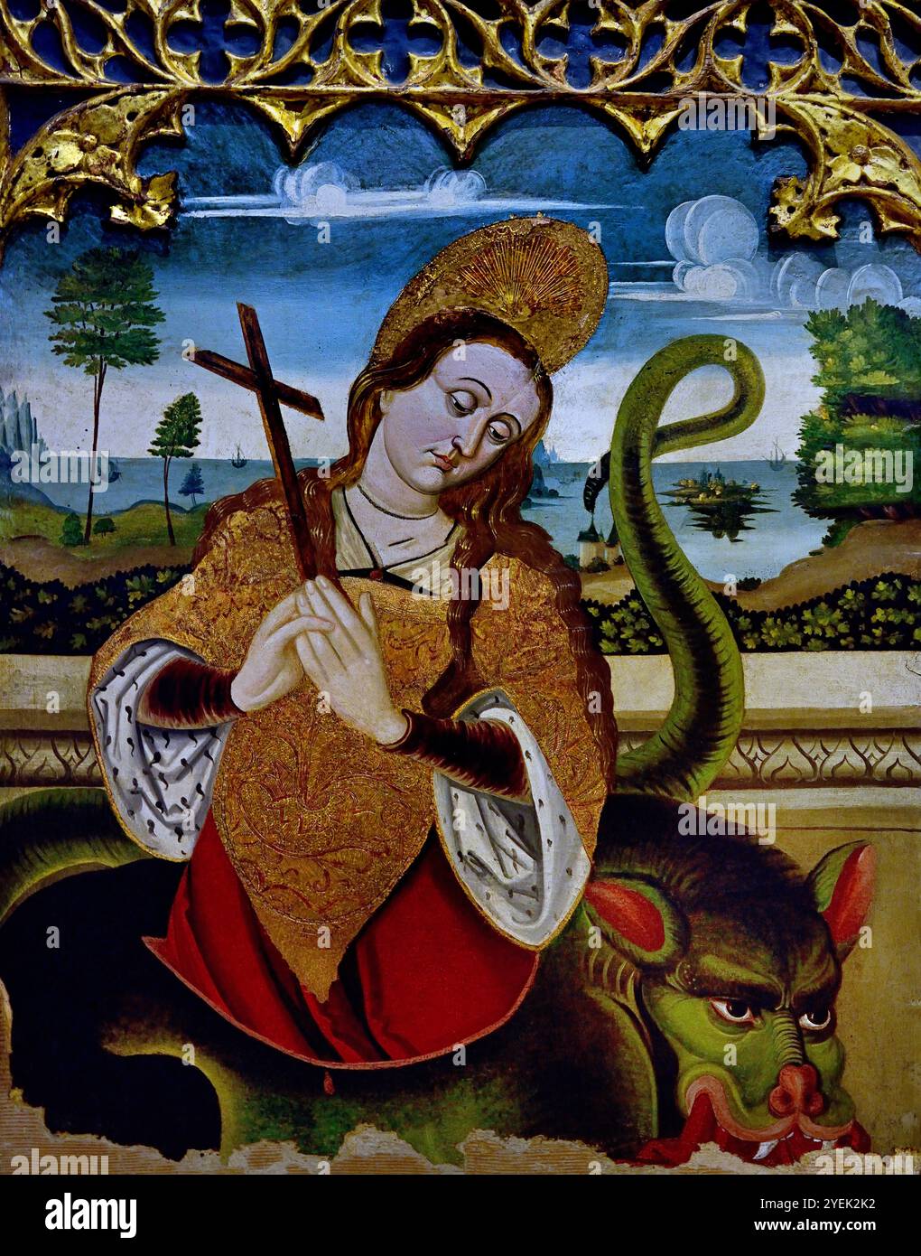 Sainte Marguerite et Sainte Marie-Madeleine début XVIe siècle, Languedoc, Musée des Beaux-Arts de Dijon France (Sainte Marguerite est représentée émergeant du ventre d'un dragon qu'elle fend à l'aide de sa croix. Figure Sainte Marie Madeleine au pied de la Croix. ) Panneau de retable . Banque D'Images