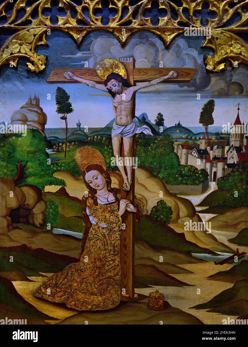Sainte Marguerite et Sainte Marie-Madeleine début XVIe siècle, Languedoc, Musée des Beaux-Arts de Dijon France (Sainte Marguerite est représentée émergeant du ventre d'un dragon qu'elle fend à l'aide de sa croix. Figure Sainte Marie Madeleine au pied de la Croix. ) Panneau de retable . Banque D'Images