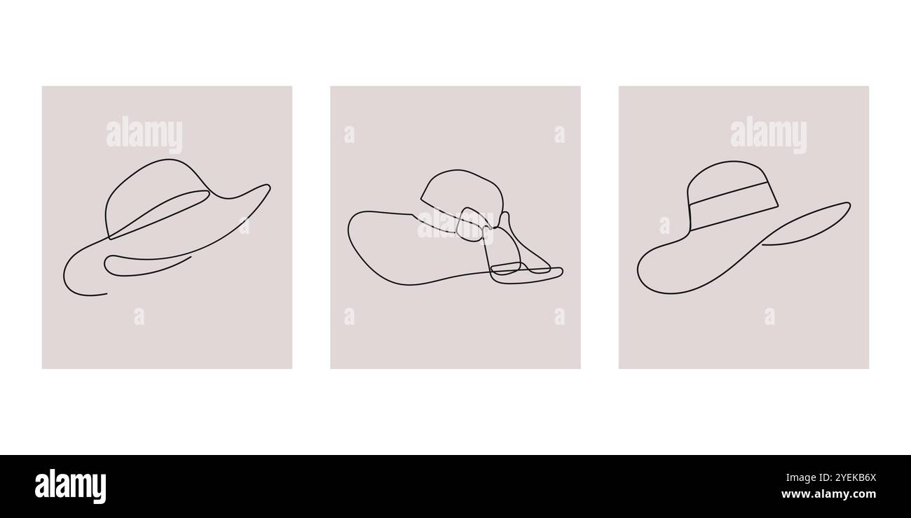 Collection de chapeaux élégants de femmes dans un style de dessin de ligne continue. Chapeau de soleil féminin minimaliste, panama avec décoration ruban. Vecteur dessiné à la main. Illustration de Vecteur