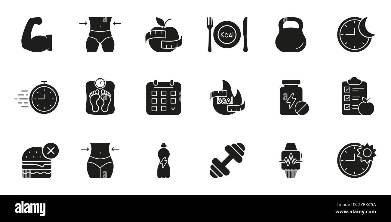 Icônes Silhouette d'entraînement, de remise en forme et de santé pour la perte de poids et le suivi du régime alimentaire. Soins de santé, métabolisme, gestion des calories glyphes signe. Isolé Illustration de Vecteur