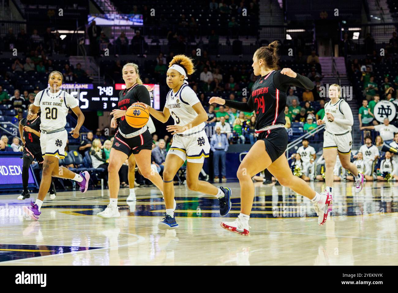 South Bend, Indiana, États-Unis. 30 octobre 2024. La garde de notre Dame Hannah Hidalgo (3) avance la balle sur le terrain alors que l'attaquante de Davenport Jaci Walker (24) défend lors d'un match de basket féminin de la NCAA entre les Panthers de Davenport et les notre Dame Fighting Irish au Purcell Pavilion au Joyce Center à South Bend, Indiana. John Mersits/CSM/Alamy Live News Banque D'Images