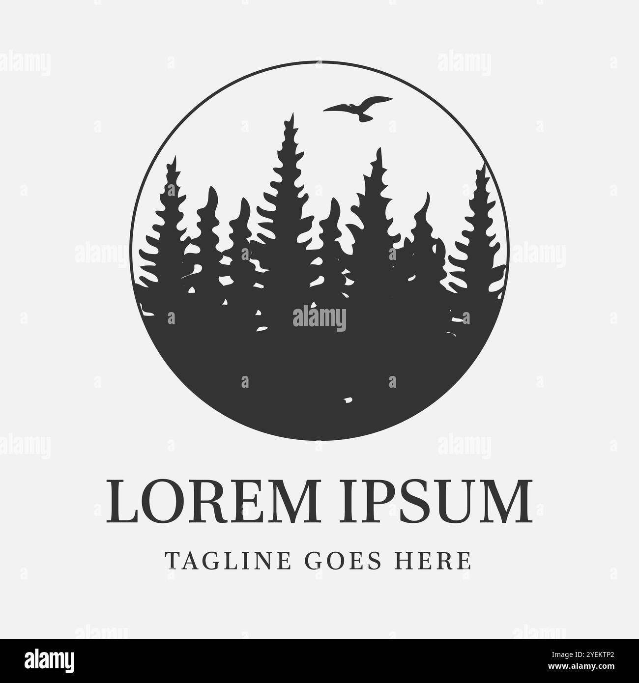 PIN Forest Silhouette logo avec Flying Birds dessus convient aux marques qui se concentrent sur l'aventure, la conservation de l'environnement Illustration de Vecteur
