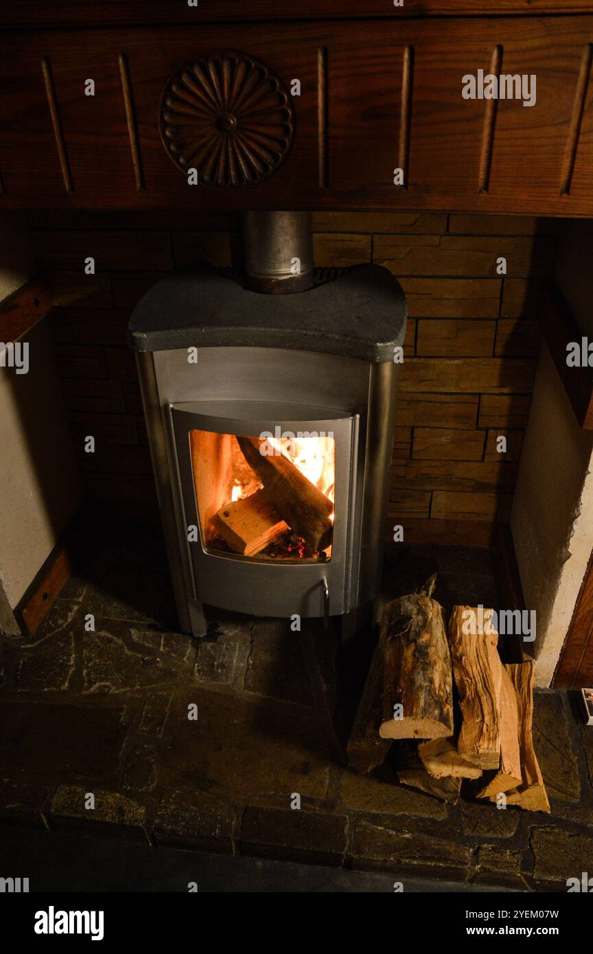 Une cheminée ou poêle à bois dans un salon en action, pour le chauffage. Avec le bois de chauffage. Banque D'Images