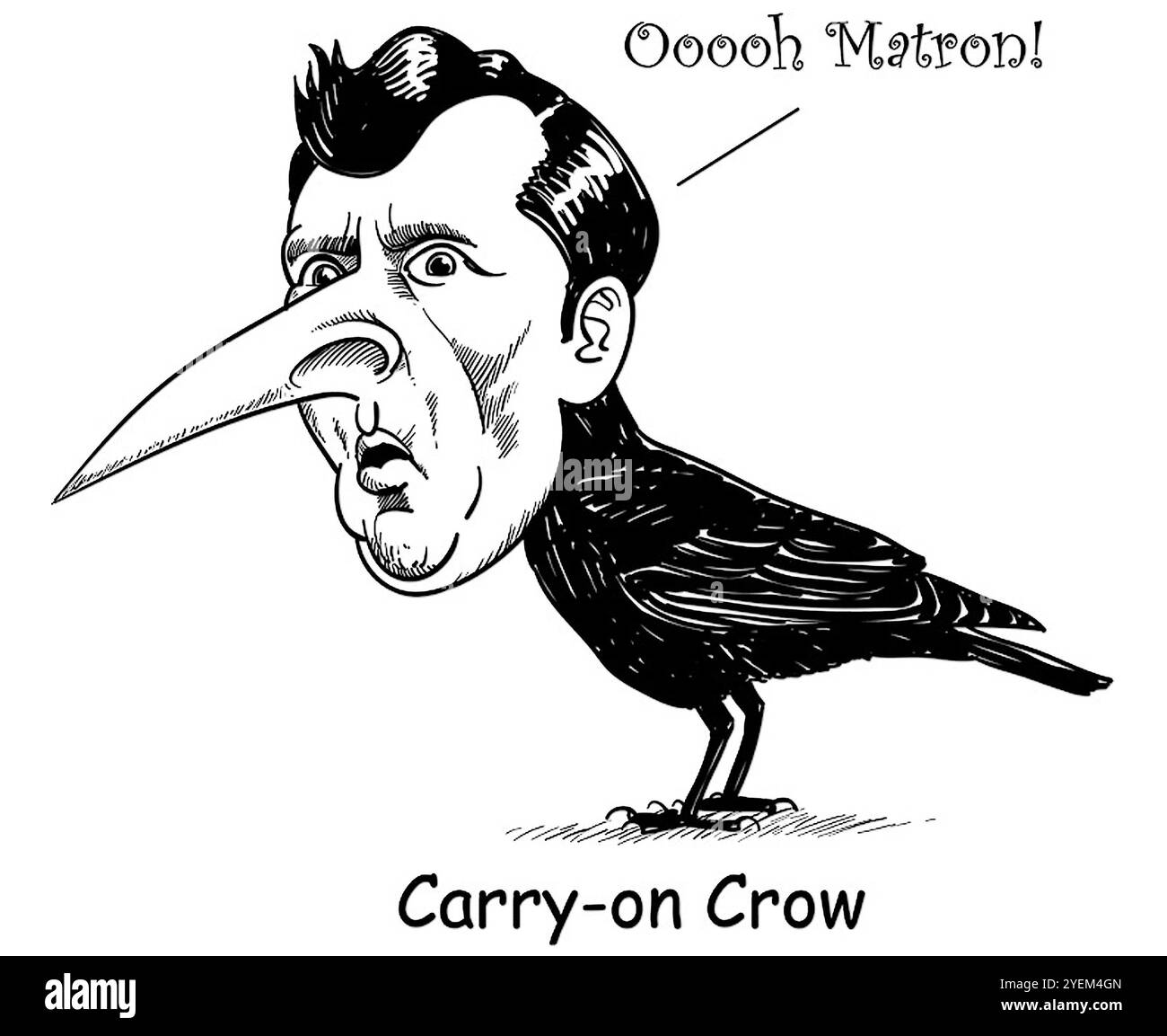 Illustration d'art, caricature dessin animé de Kenneth Williams (Kenneth Charles Williams) acteur britannique, célèbre pour ses films de Carry on, jeu de mots sur charrue corbeau Banque D'Images