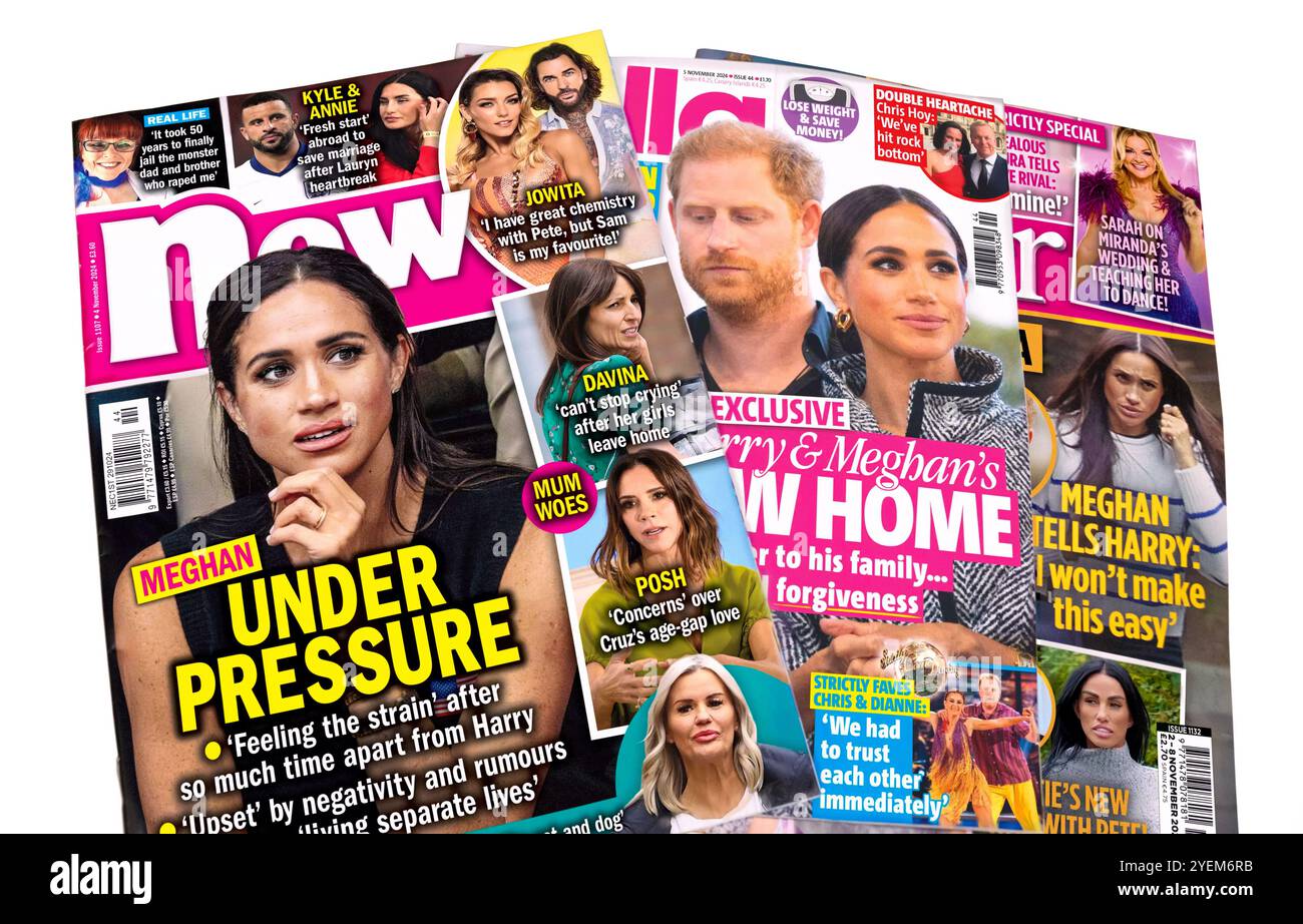 Meghan Markle Headlines - magazines de potins pour femmes mettant en vedette la duchesse de Sussex de la famille royale britannique ainsi que son mari SAR le prince Harry. Banque D'Images