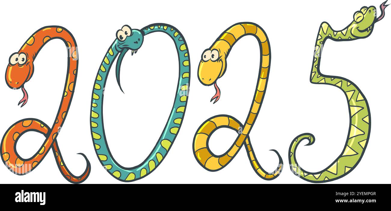 À venir nouvel an et Noël 2025. Numéros 2025 de serpents en l'honneur de l'année du serpent. Symbole de l'année à venir pour les entreprises. Bande dessinée Illustration de Vecteur