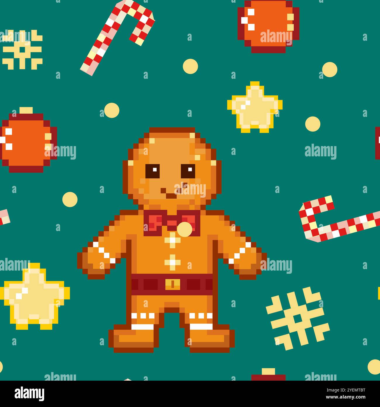 mignon motif pixel art homme en pain d'épice, flocons de neige, étoiles, sans couture Illustration de Vecteur