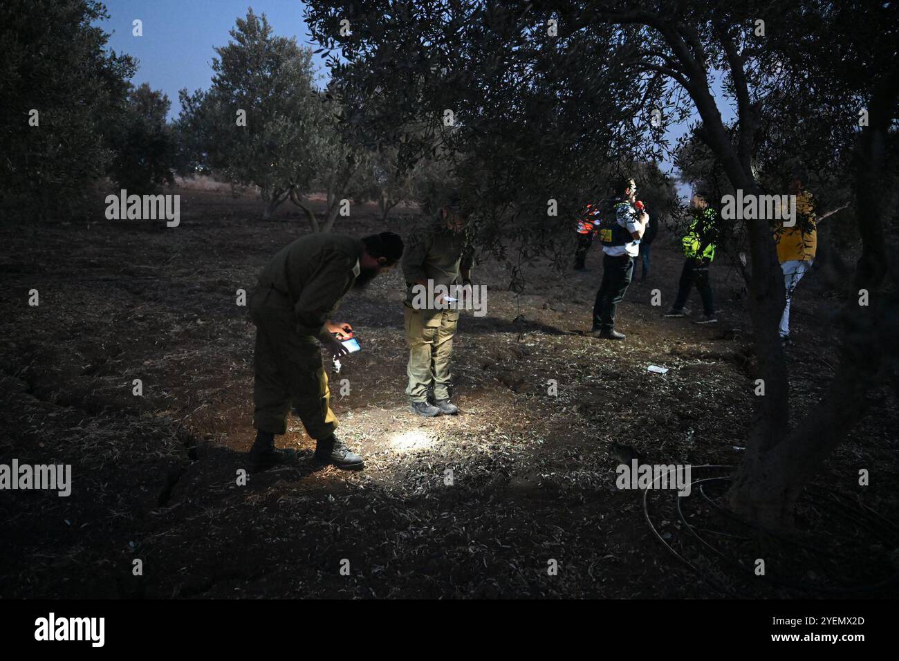 (241031) - KIBBOUTZ D'AFEK, 31 octobre 2024 (Xinhua) - des membres des forces de sécurité israéliennes travaillent sur le site d'une attaque à la roquette depuis le Liban, près du kibboutz d'Afek, dans le nord d'Israël, le 31 octobre 2024. Une femme de 60 ans et son fils de 30 ans ont été tués jeudi par une roquette tirée depuis le Liban qui a frappé une oliveraie près du kibboutz d'Afek dans le nord d'Israël, a rapporté la société d'État israélienne Kan TV News. (Roni Ofer/JINI via Xinhua) Banque D'Images