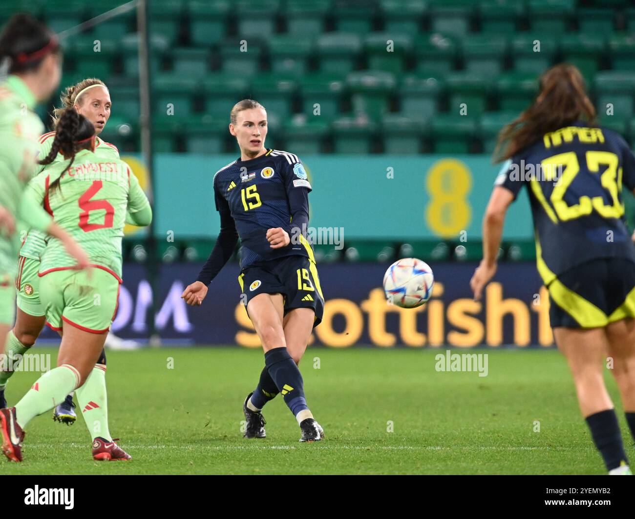 Mardi 29 octobre UEFA WomenÕs European Championship Play-Off Scotland v Hungary Easter Road Stadium , Edinburgh. Scotlands Jenna Clark Banque D'Images