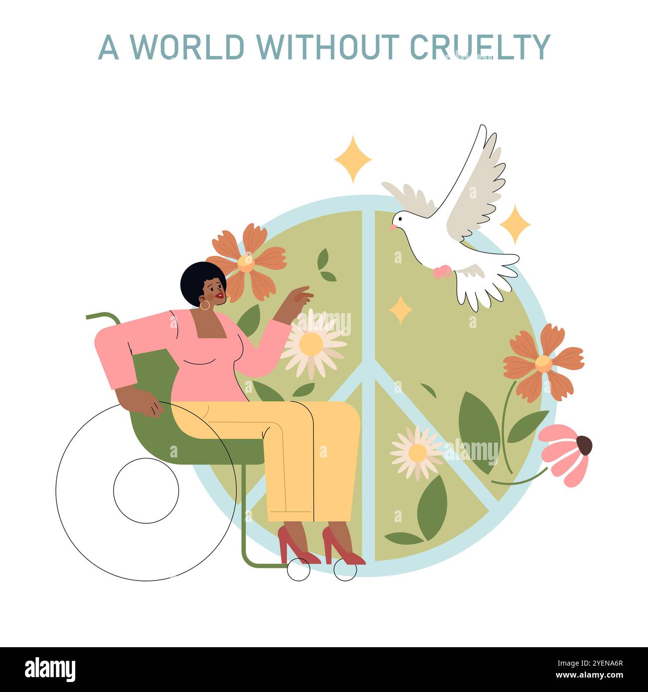Concept World Vegan Day. Une illustration de paix et de gentillesse mettant en scène une femme, une colombe et une flore dans un symbole de paix. Illustration vectorielle. Illustration de Vecteur