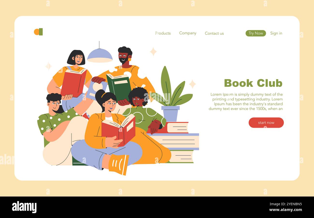 Cette œuvre d'art présente une illustration vibrante d'un groupe diversifié de personnes jouissant joyeusement d'une session de club de lecture Illustration de Vecteur