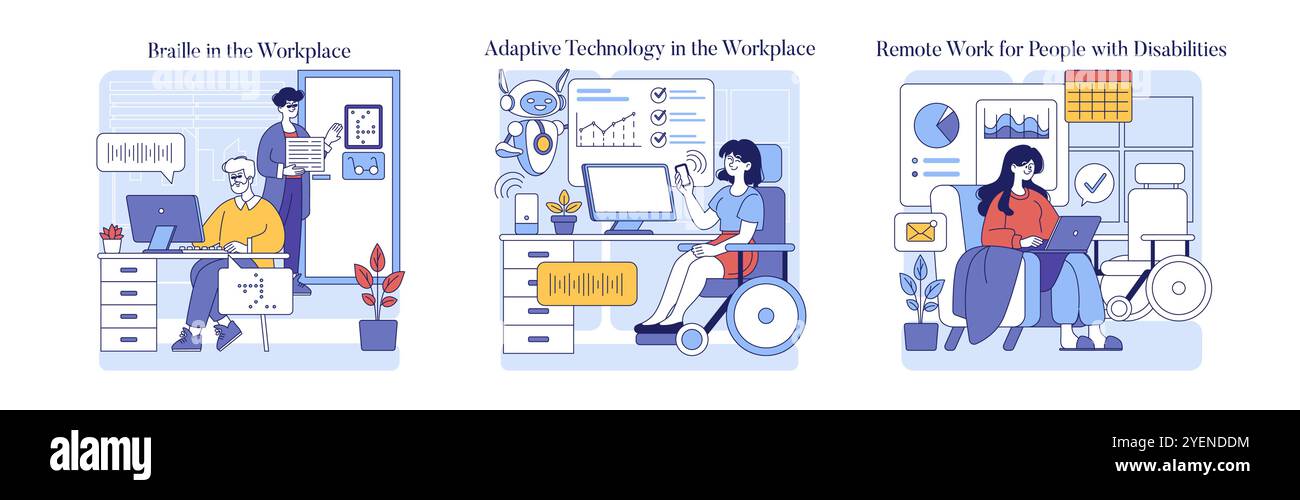 Inclusion dans l'ensemble du lieu de travail. Environnements de travail accessibles pour les personnes handicapées. Utilisation du braille, technologie adaptative, adaptations des tâches à distance. Illustration vectorielle. Illustration de Vecteur