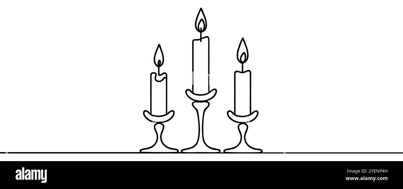 Trois bougies dans un chandelier, un dessin au trait continu. Isolé sur fond blanc. Style minimaliste vectoriel. Illustration de Vecteur