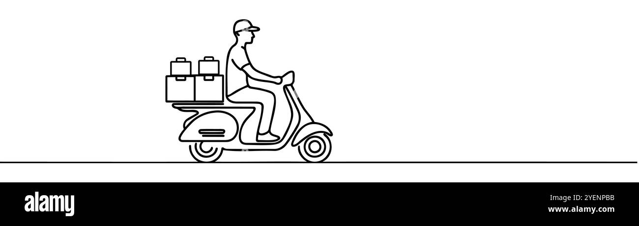 Scooter de coursier à dessin de ligne continue unique avec paquet de boîte Illustration de Vecteur