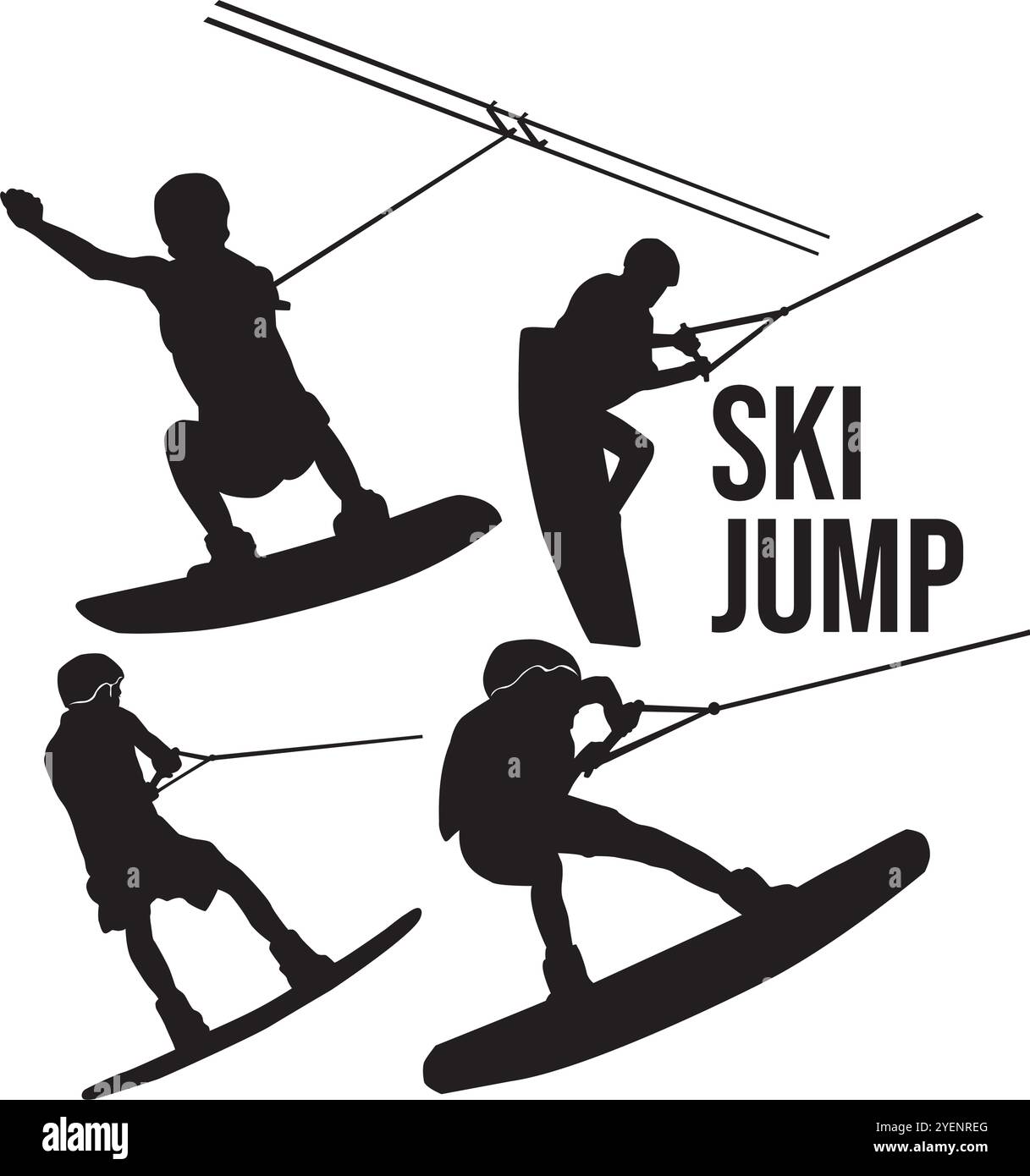 Ensemble de silhouette de vecteur de saut de ski nautique, sport extrême, ensemble de skieur d'ombre, isolé sur blanc Illustration de Vecteur