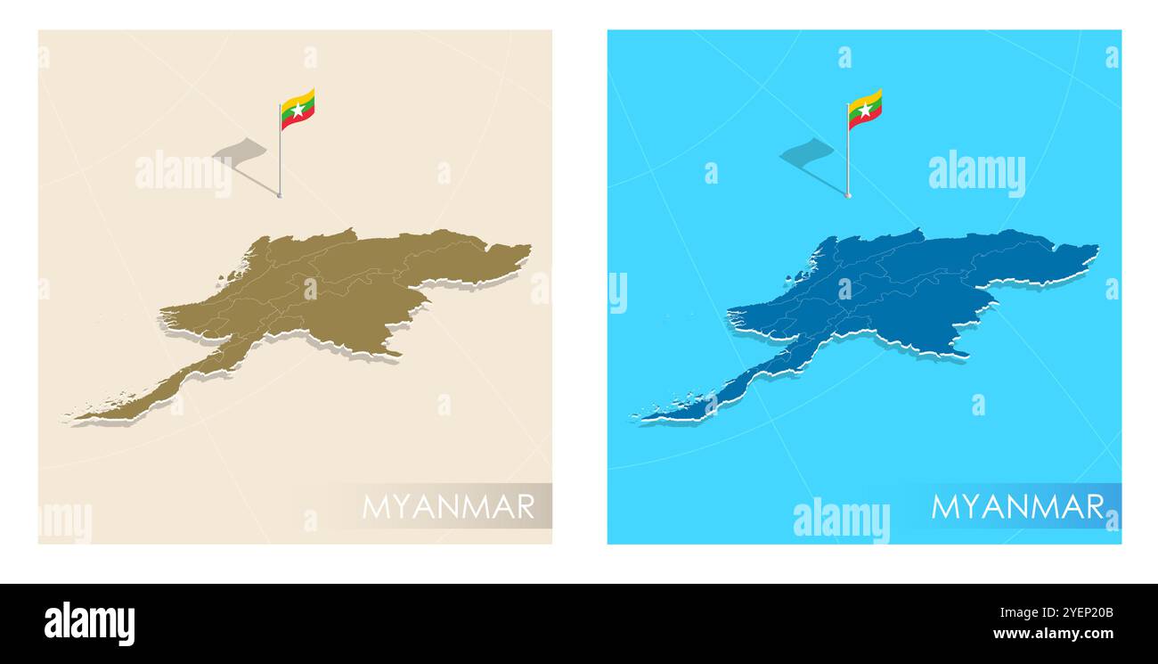 Drapeau du pays du Myanmar installé sur le point de la carte de positionnement géographique du territoire du pays. Myanmar commonwealth bannière sur terre et mer. Patrioti festif Illustration de Vecteur