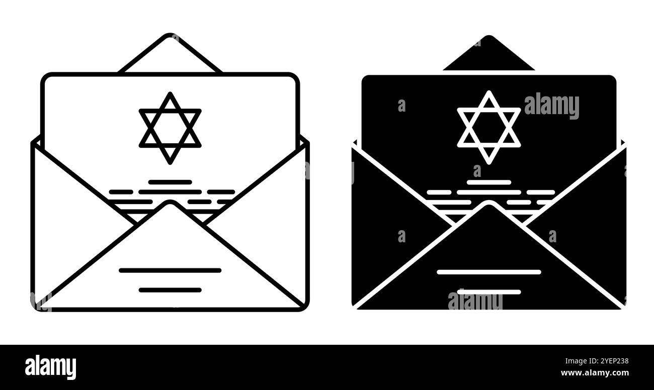 Icône de couleur de trait fin. Enveloppe festive avec une carte de voeux Hanukkah à l'intérieur. Cartes de vœux et lettres. Vecteur simple isolé sur fond blanc Illustration de Vecteur
