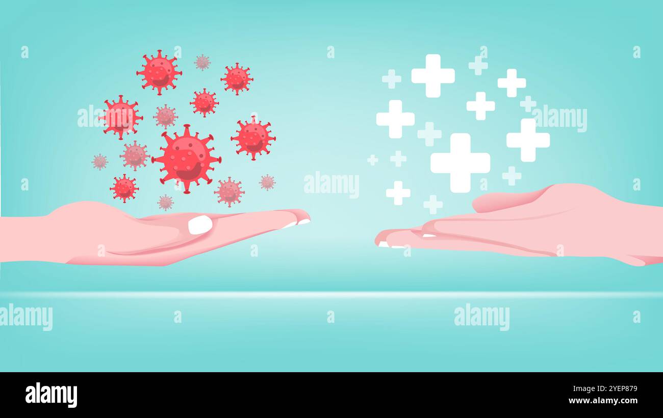 maladie ou virus et médicaments ou méthodes de traitement avec un concept de main portant le virus et répondu avec une main qui porte le médicament Illustration de Vecteur