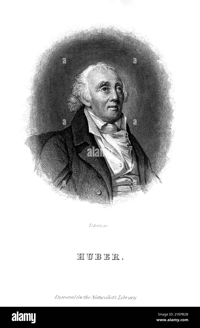 François Huber (2 juillet 1750 – 22 décembre 1831), également connu sous le nom de Francis dans les publications anglaises et Franz dans les publications allemandes, est un entomologiste suisse spécialisé dans les abeilles mellifères. Son travail de pionnier a été reconnu dans toute l'Europe et basé sur une observation approfondie avec l'aide de plusieurs assistants en raison de sa cécité. Extrait de la bibliothèque du naturaliste Entomology volume VI Bees de Jardine, William, Sir, 1800-1874 date de publication 1835 Banque D'Images