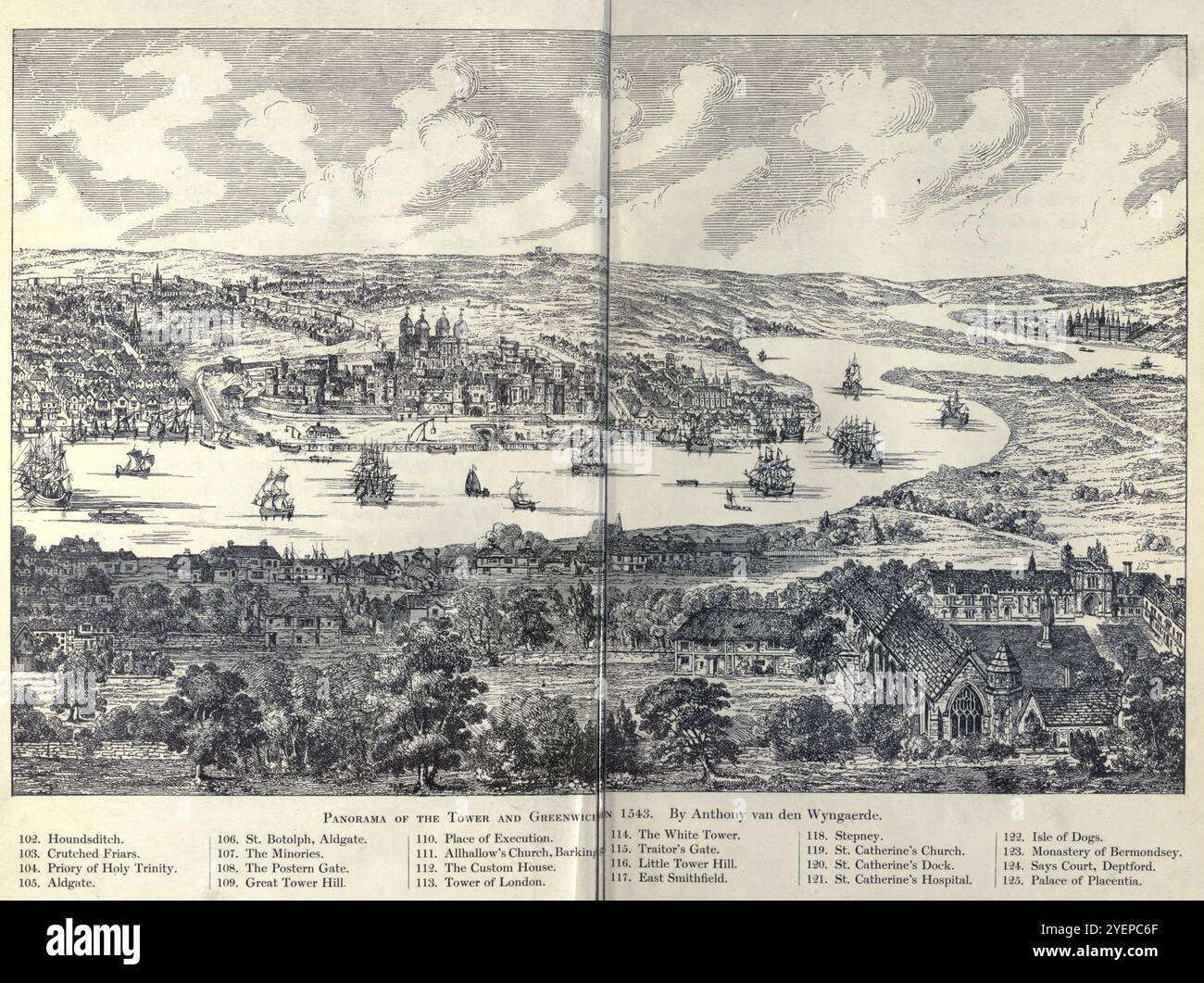 Panorama de la Tour et Greenwich en 1543, par Anthony van den Wyngaerde partie de la série « Tour de Londres » peinte par John Fulleylove et publiée en 1908 Banque D'Images