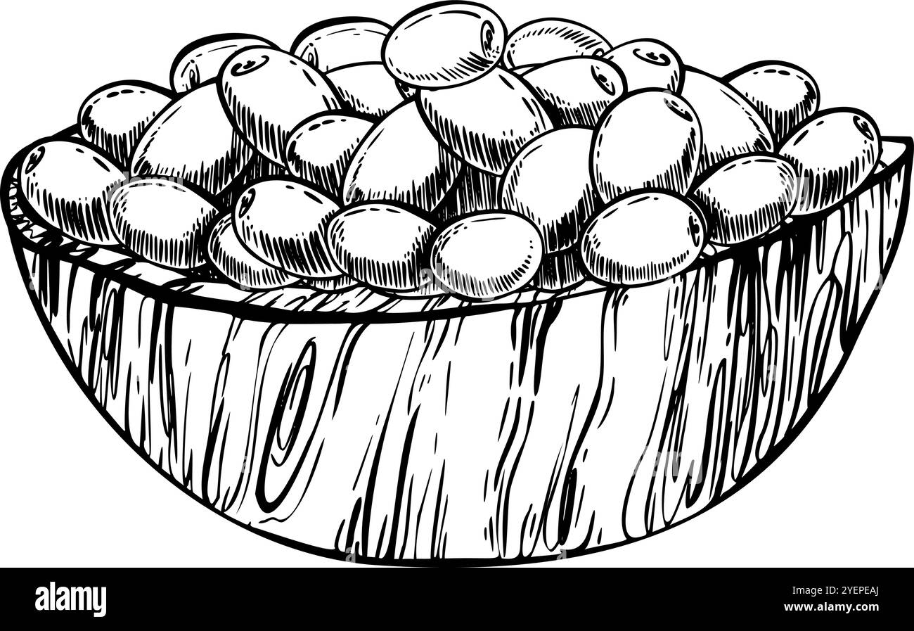 Baies d'olive dans un bol en bois. Ligne d'encre noire Récolte d'oliviers, nourriture saine. Illustration vectorielle dessinée à la main pour l'étiquette de produit d'huile d'olive Illustration de Vecteur
