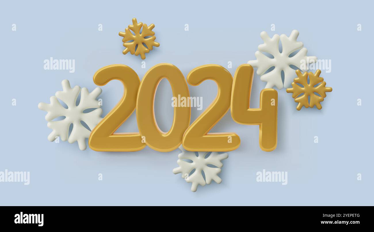 2024 numéros 3D du nouvel an et flocons de neige. Conception de bannière festive de vacances d'hiver avec des éléments blancs et dorés réalistes en trois dimensions sur bleu clair Illustration de Vecteur