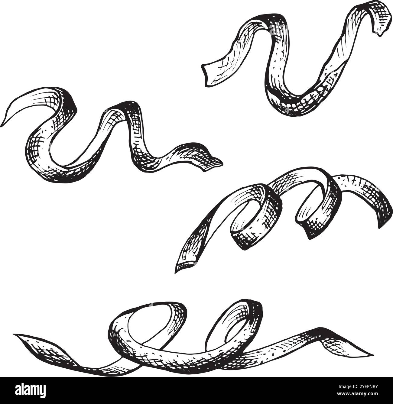 Écorce de fruit d'orange. Définir les esquisses. Illustration graphique vectorielle, dessinée à la main isolée. Peau d'agrumes noire et blanche, spirale de zeste. Assaisonnement pour la cuisson Illustration de Vecteur