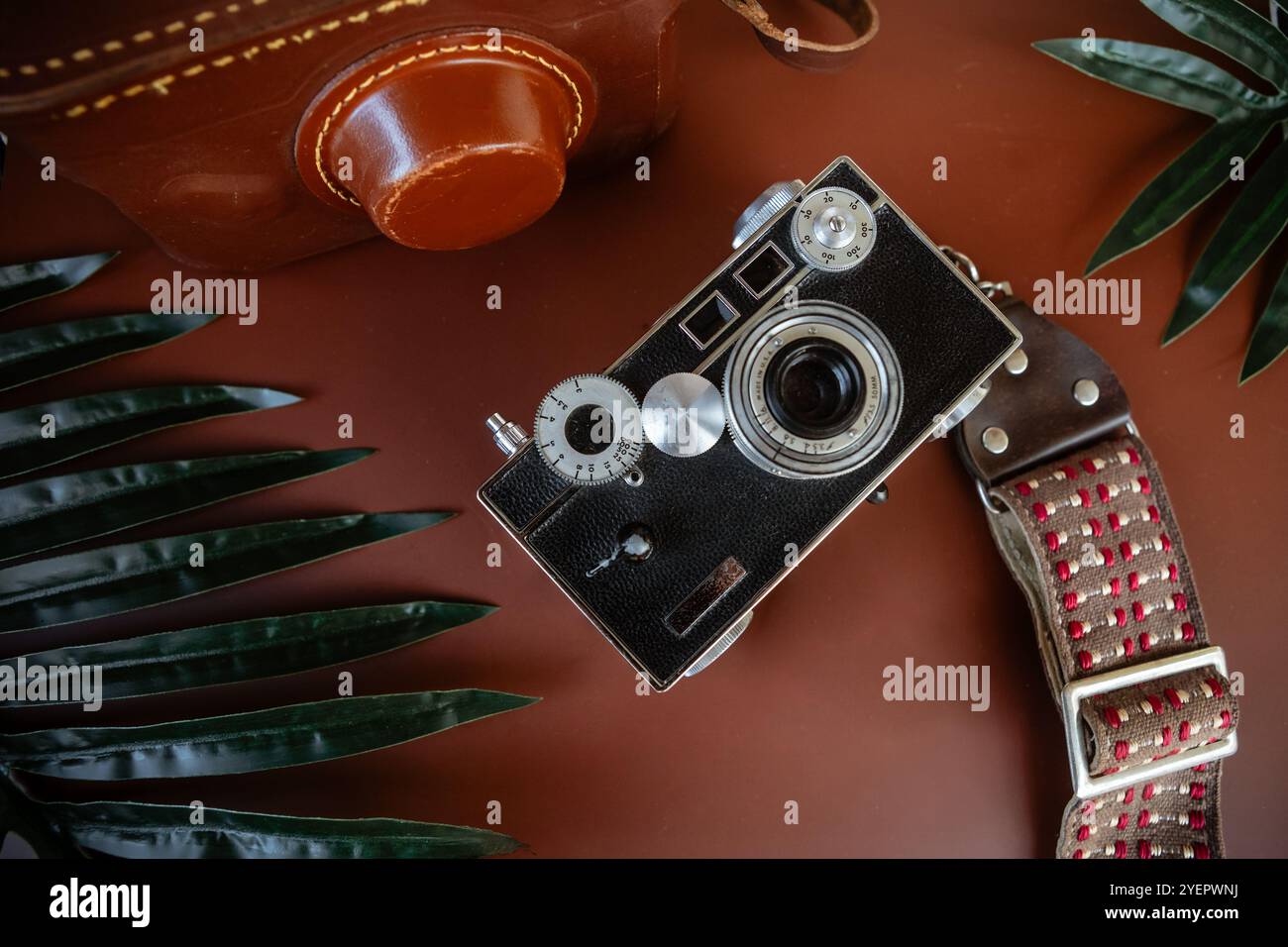 Appareil photo vintage flatlay avec esthétique de voyage tropical Banque D'Images