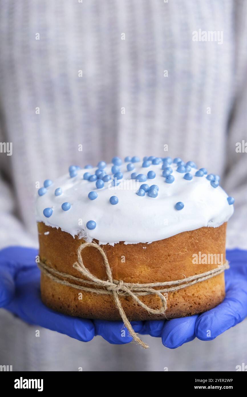 Les mains de cuisson en gants bleus tiennent le gâteau de Pâques avec une garniture blanche et des saupoudrés bleus. Femme tenant un gâteau de Pâques russe traditionnel. Tarte maison pour Banque D'Images