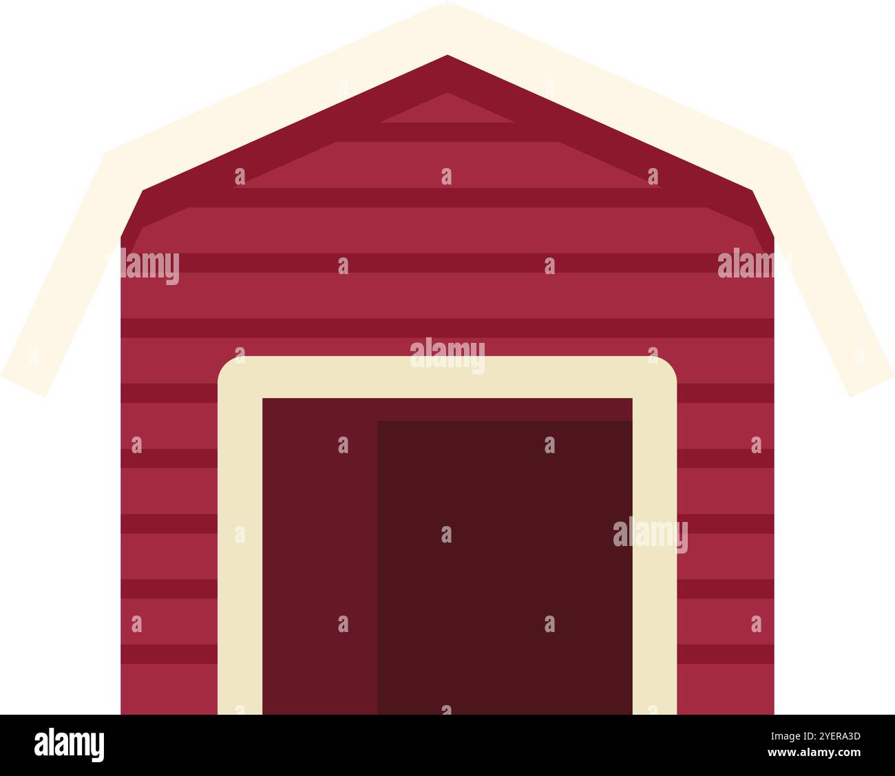 Bâtiment de grange en bois rouge classique debout sous la calotte neigeuse sur le toit, construction de campagne traditionnelle pour garder le foin et abriter le bétail Illustration de Vecteur
