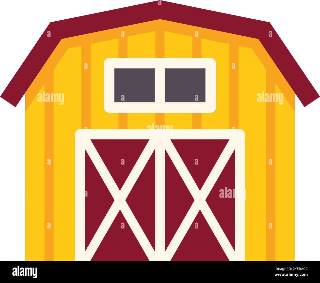 Grange en bois jaune avec toit rouge et portes debout sur des terres agricoles et représentant l'industrie agricole Illustration de Vecteur