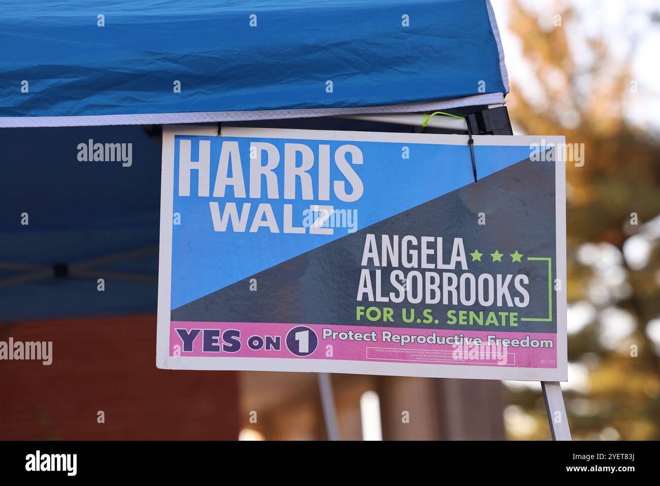 Baltimore, États-Unis. 31 octobre 2024. Signe en faveur du candidat démocrate à la présidence, le vice-président Kamala Harris, et de l'espoir du Sénat Angela Alsobrooks. Affiches et panneaux politiques et de campagne vus à Baltimore City, Maryland, le 31 octobre 2024 avant l'élection présidentielle américaine de 2024. (Photo de Robyn Stevens Brody/Sipa USA) crédit : Sipa USA/Alamy Live News Banque D'Images