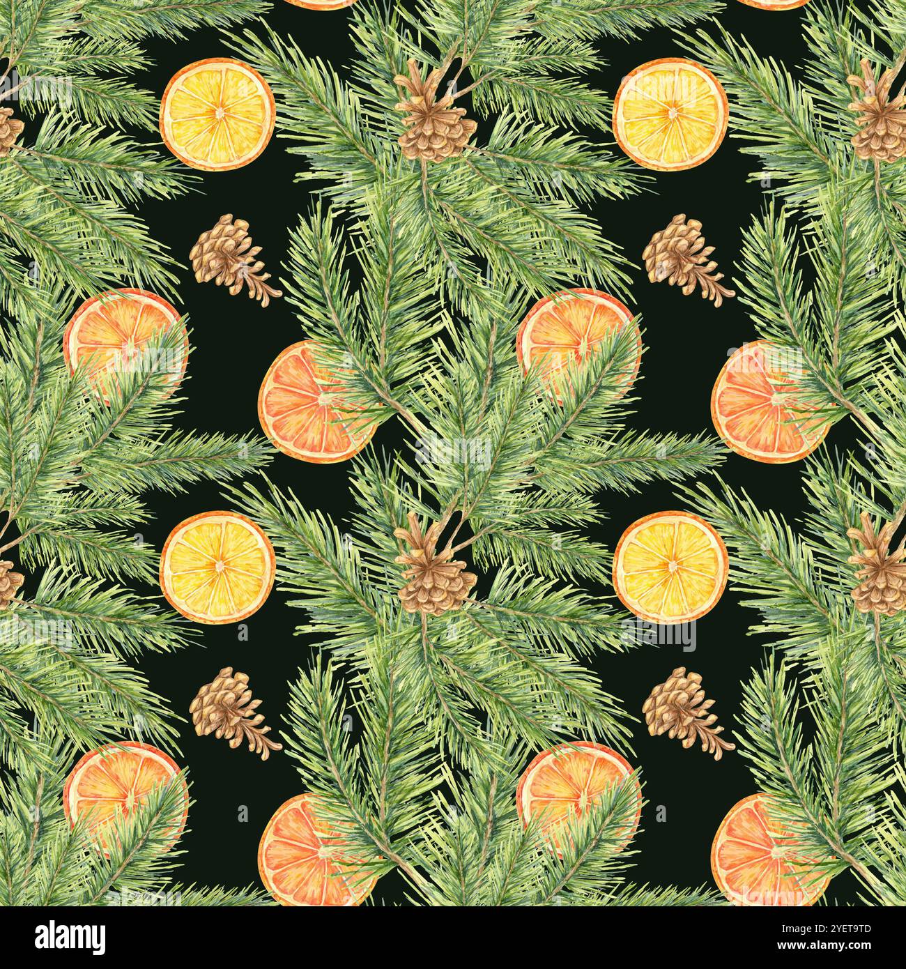 Pommes de pin, tranches d'orange et branches d'épinette avec des aiguilles vertes disposées dans un motif aquarelle sans couture. Parfait pour concevoir des textiles festifs, des emballages cadeaux de vacances et des produits de décoration intérieure Banque D'Images