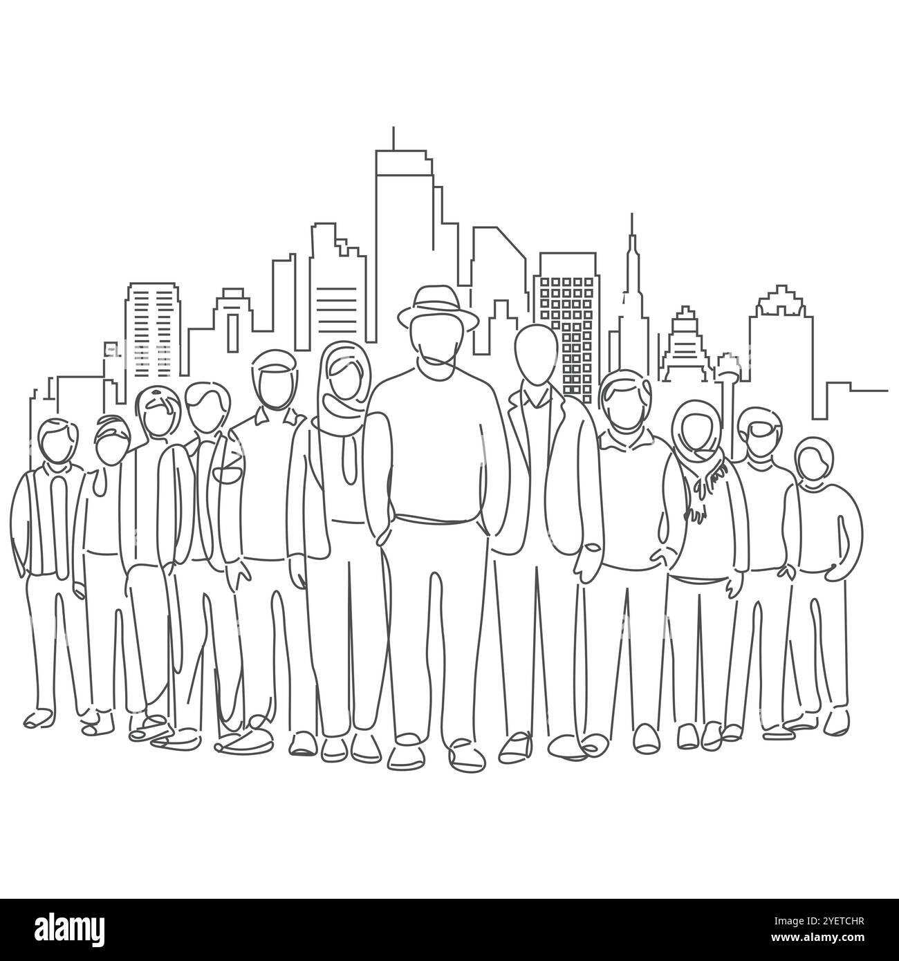 Dessin en ligne continue de jeunes hommes et femmes heureux célébrant leur promotion professionnelle ensemble. Jeunes fondateurs de start-up et PDG levés Illustration de Vecteur