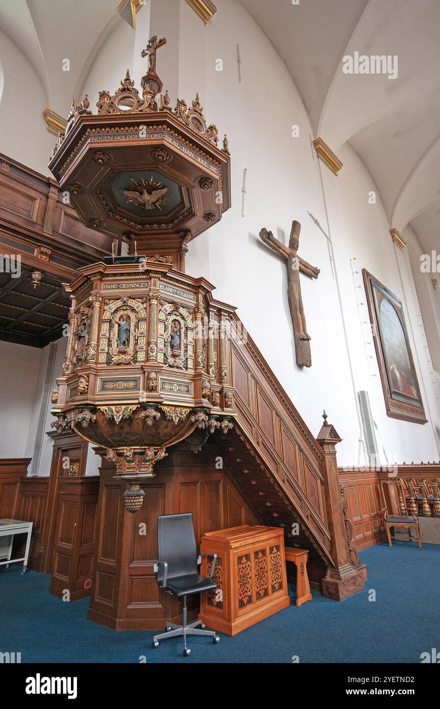 Église du Saint-esprit (XIIIe siècle), chaire en bois, Copenhague, Danemark Banque D'Images