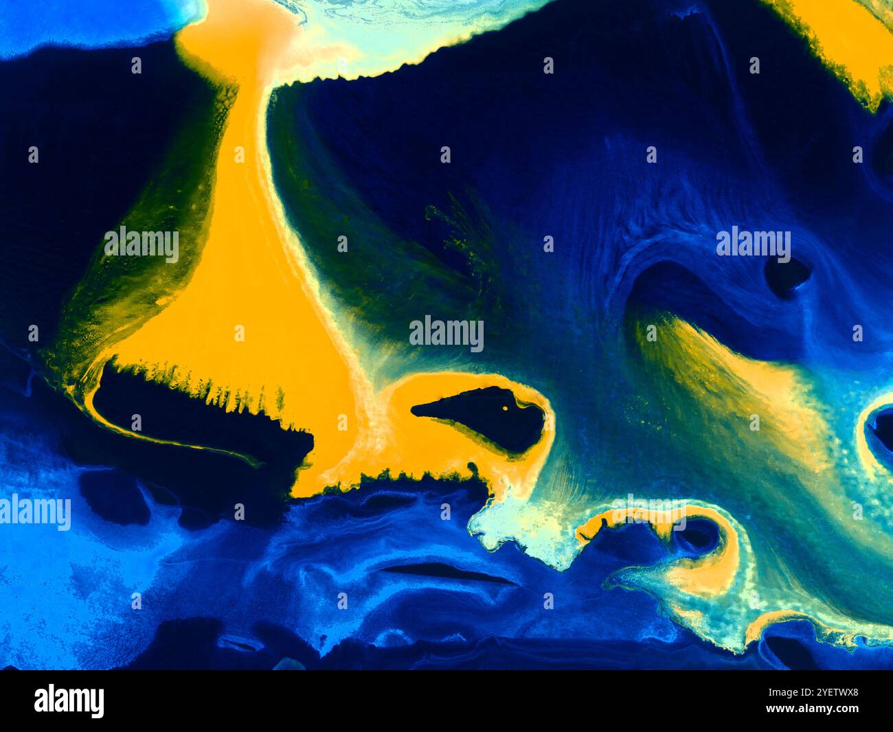 Bleu et jaune abstrait fantastique fond peint à la main créatif, marbre et texture de pinceau, océan abstrait, peinture acrylique. Moderne Banque D'Images