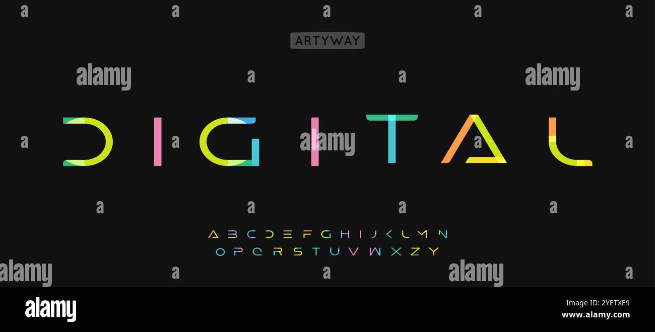 Alphabet futuriste jeune, lettres géométriques larges, police colorée vibrante pour logos technologiques, titre ludique, typographie colorée, design artistique Illustration de Vecteur