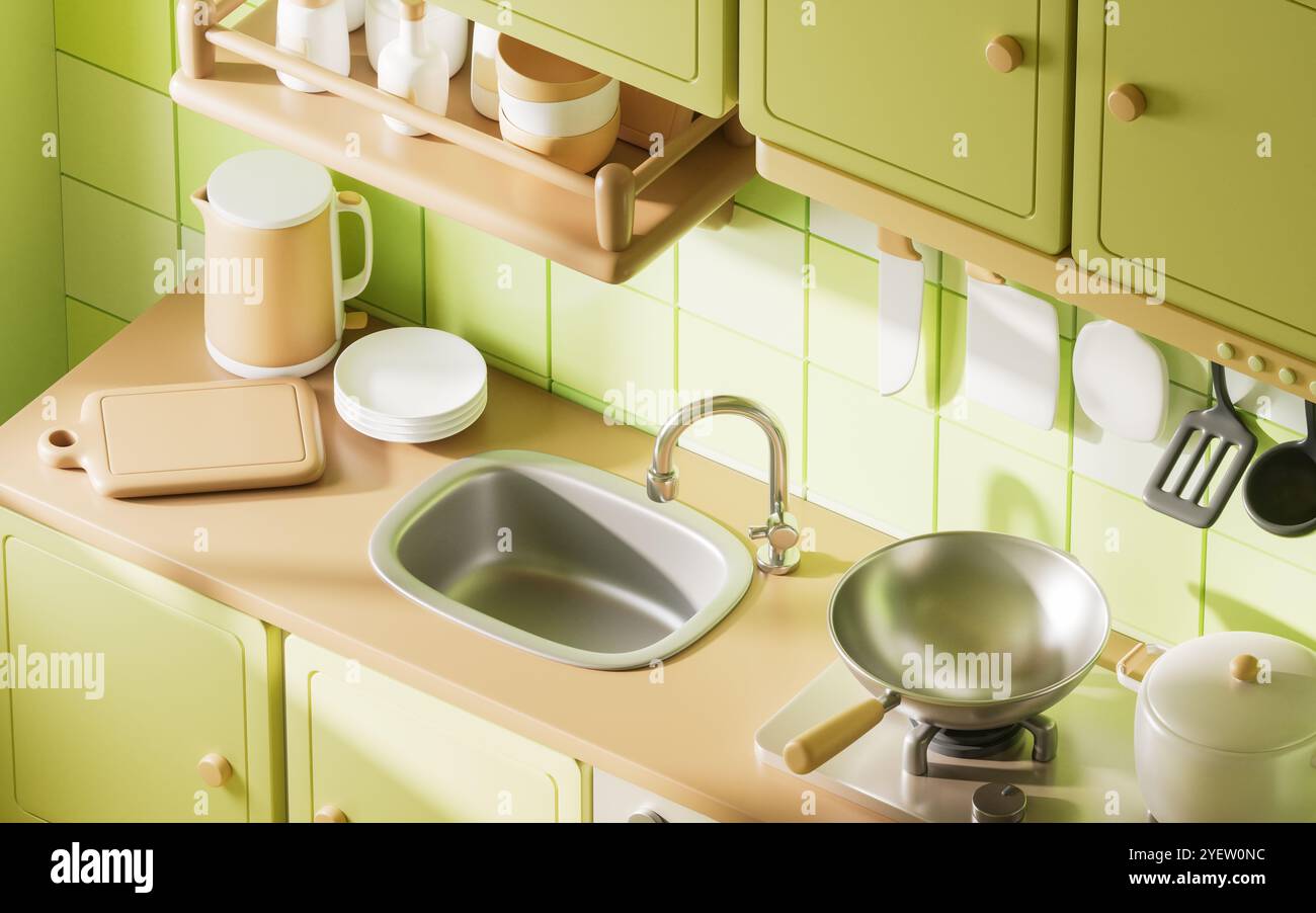 Salle de cuisine avec style de dessin animé, rendu 3D. Illustration 3D. Banque D'Images