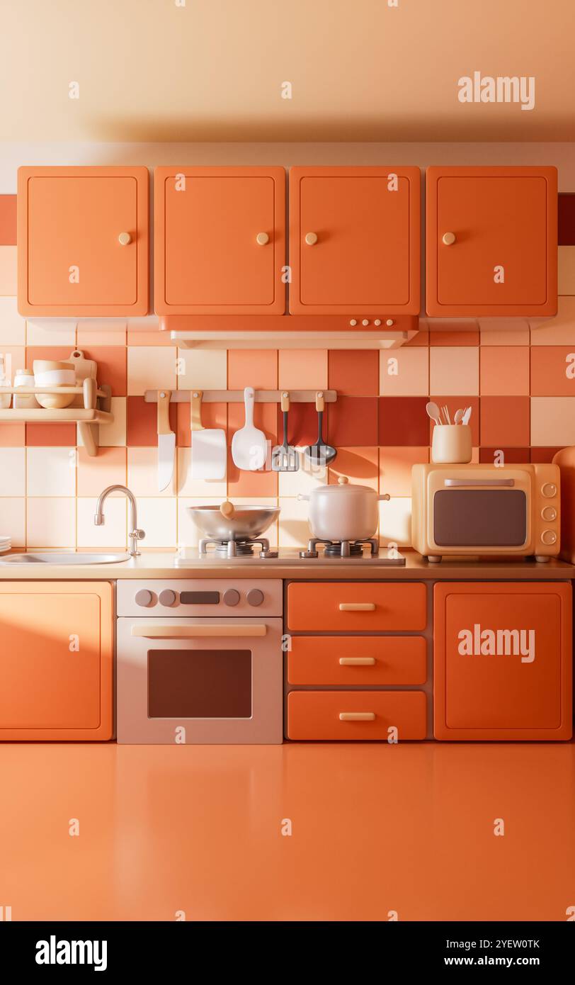 Salle de cuisine avec style de dessin animé, rendu 3D. Illustration 3D. Banque D'Images
