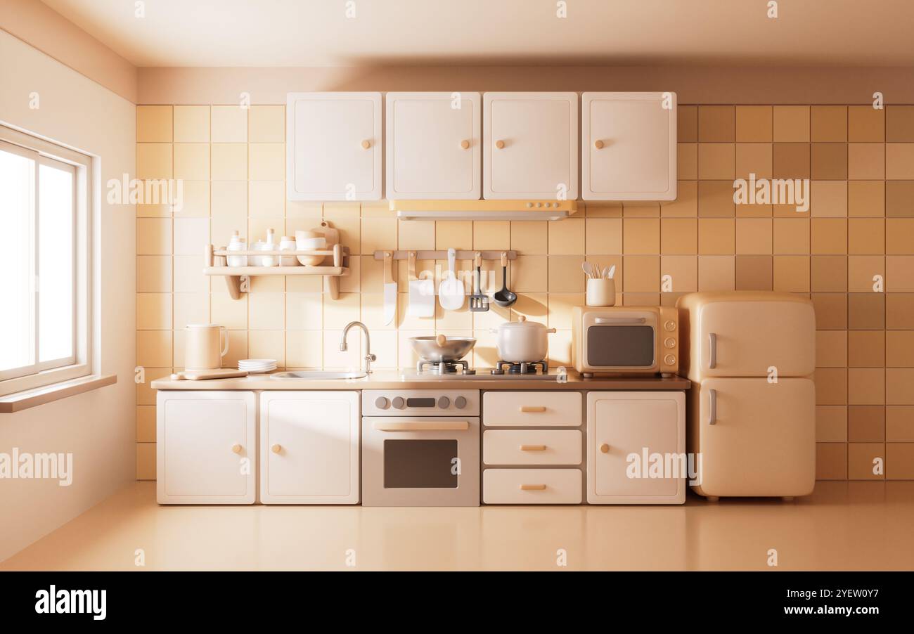 Salle de cuisine avec style de dessin animé, rendu 3D. Illustration 3D. Banque D'Images