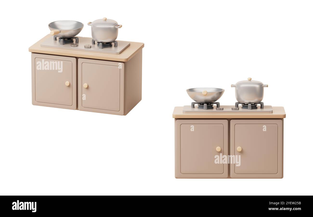 Cuisinière à gaz de cuisine de style dessin animé et armoire, rendu 3D. Illustration 3D. Banque D'Images