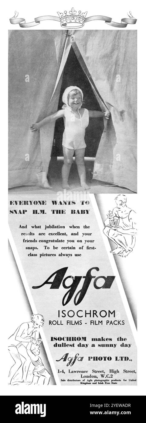 1935 publicité britannique pour les films et les packs de films Agfa Isochrom. Banque D'Images