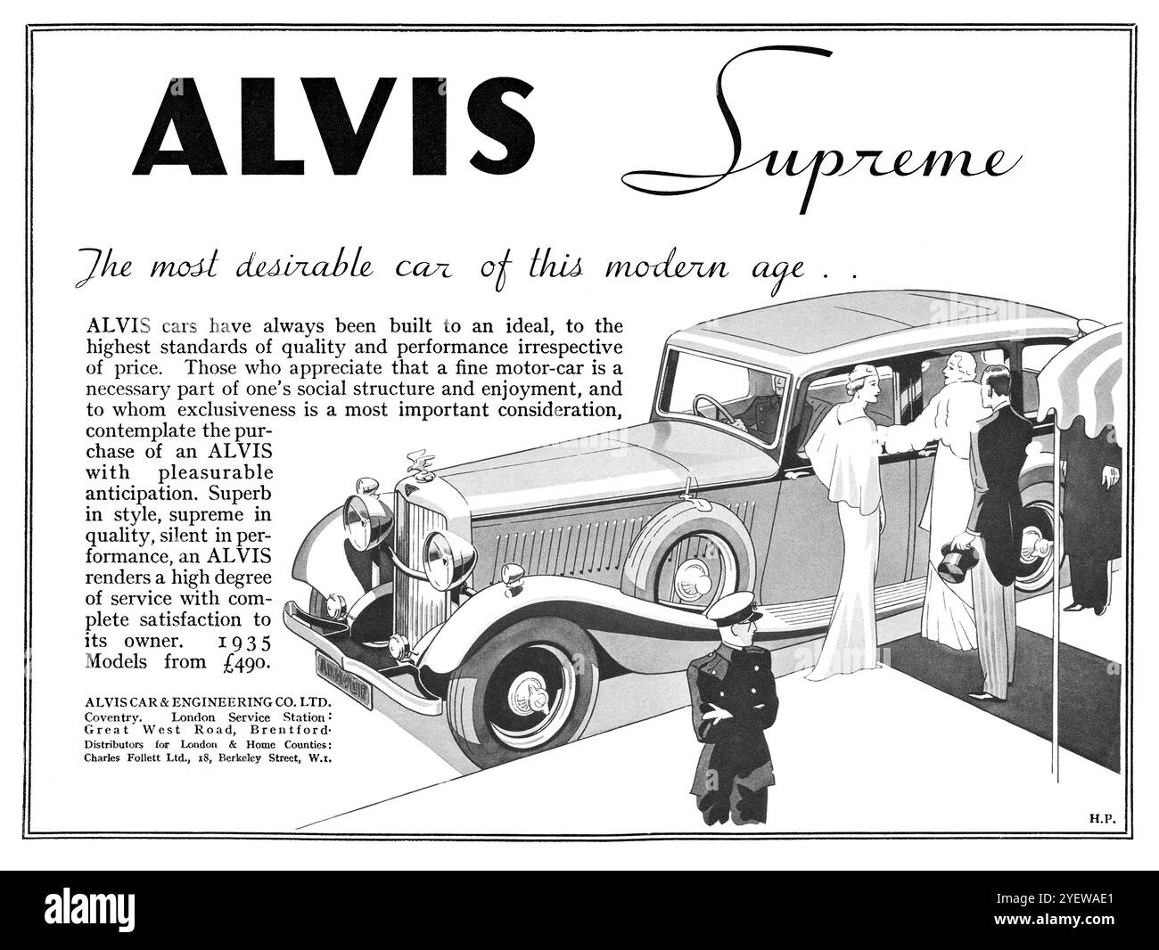 1935 publicité britannique pour les voitures Alvis, montrant l'Alvis Crested Eagle. Banque D'Images