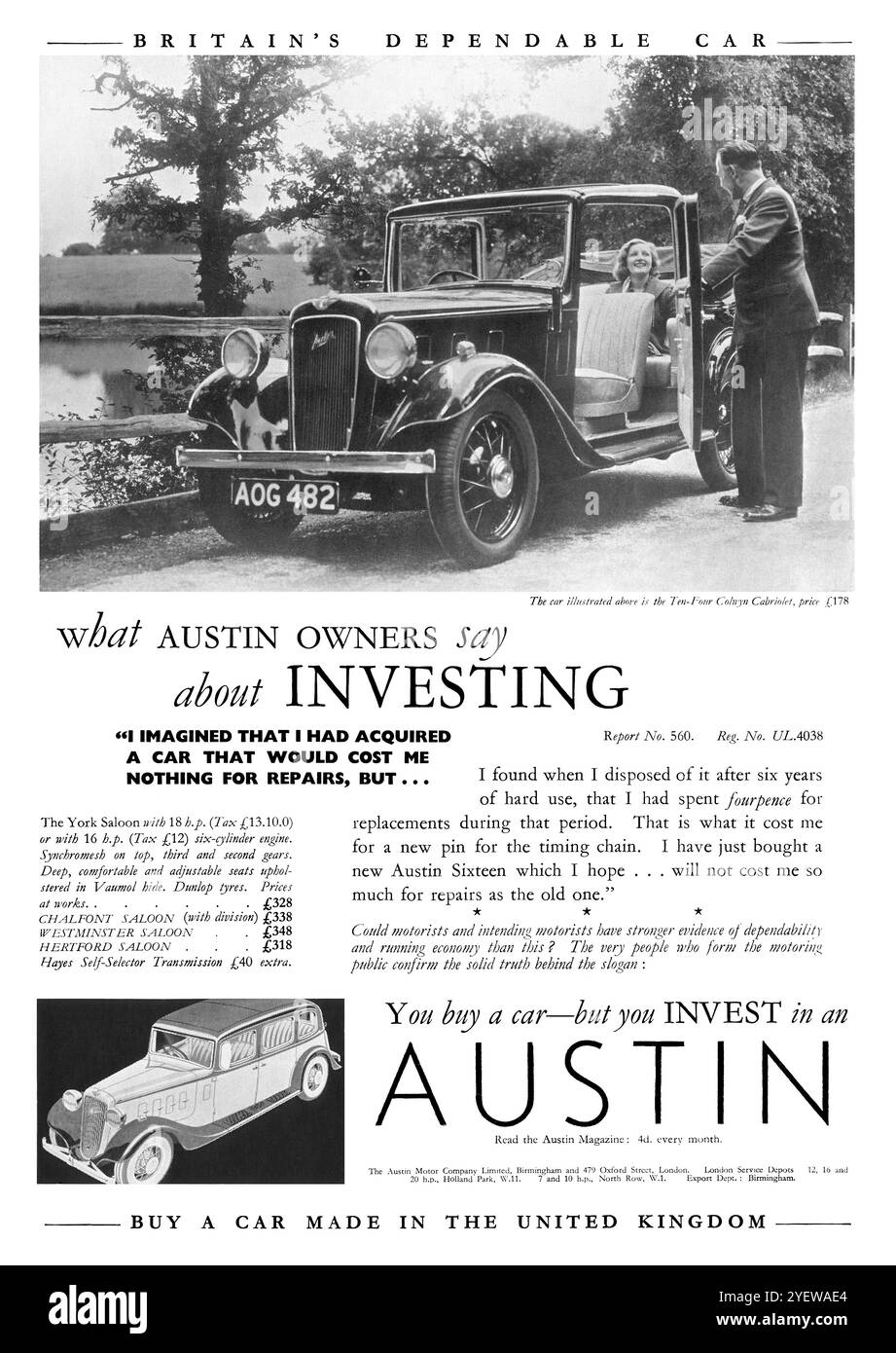 Publicité britannique de 1935 pour l'Austin Motor Company, montrant la voiture à dix-quatre Colwyn Cabriolet. Banque D'Images