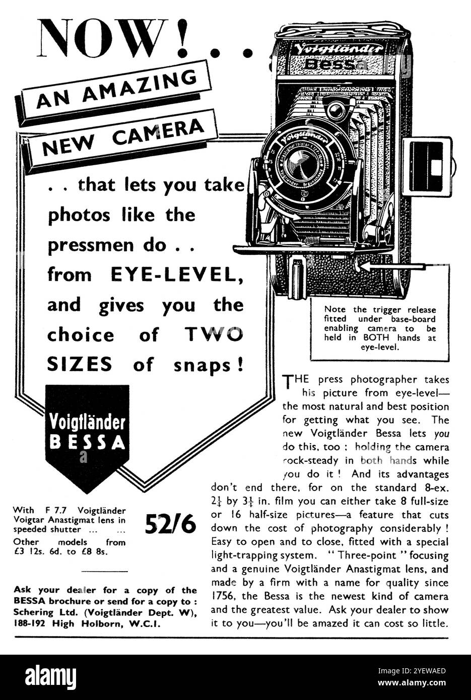 1935 publicité britannique pour l'appareil photo Voigtländer Bessa avec objectif Voigtar Anastigmat Cooke Triplet. Banque D'Images