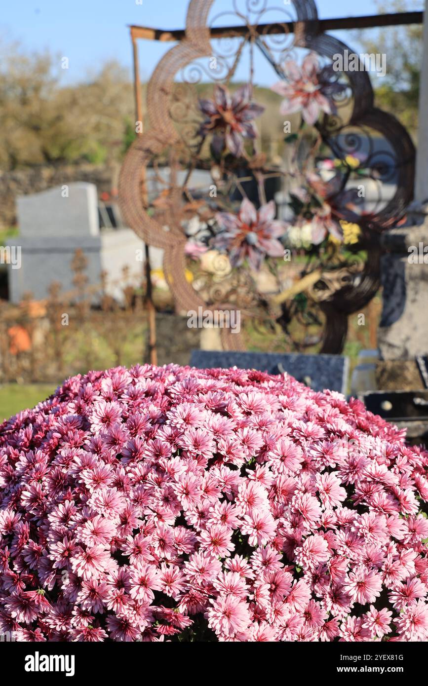 Cimetière de campagne le jour de la Toussaint. Culte et mémoire des morts. Périgord, Dordogne, Nouvelle Aquitaine, France, Europe. Photo de Hugo Martin. Banque D'Images